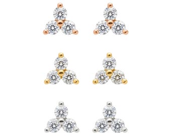 3 Stone Diamond Earrings, 14K Gold 0.24 Ct Genuine Natural Diamond Earrings, Real Diamond Earrings, Trio Diamond Earrings, Diamond Studs