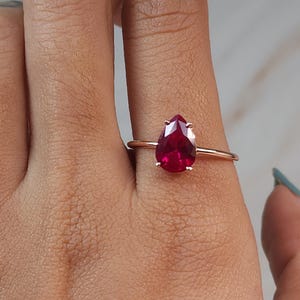 14K Gold Ruby Ring, Minimalist Dainty Stacking Ring, Ruby Teardrop Pear Gold Jewelry, July Birthstone Gift