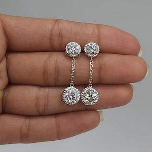 Pendientes de diamantes de 3 quilates, pendientes de diamantes cultivados en laboratorio en oro de 14 quilates, pendientes de diamantes de 2 piedras, pendientes colgantes de diamantes