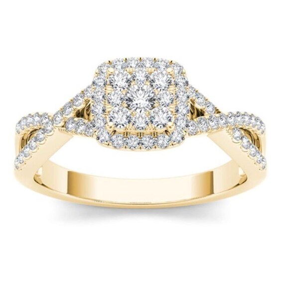 10Kt Yellow Gold Diamond Engagement 0.44 Ct Halo Ring | Etsy