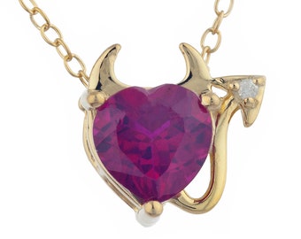 14Kt Gold Ruby Necklace, Ruby Diamond Pendant, Ruby Heart Necklace, Devil Heart Necklace, July Birthstone Necklace