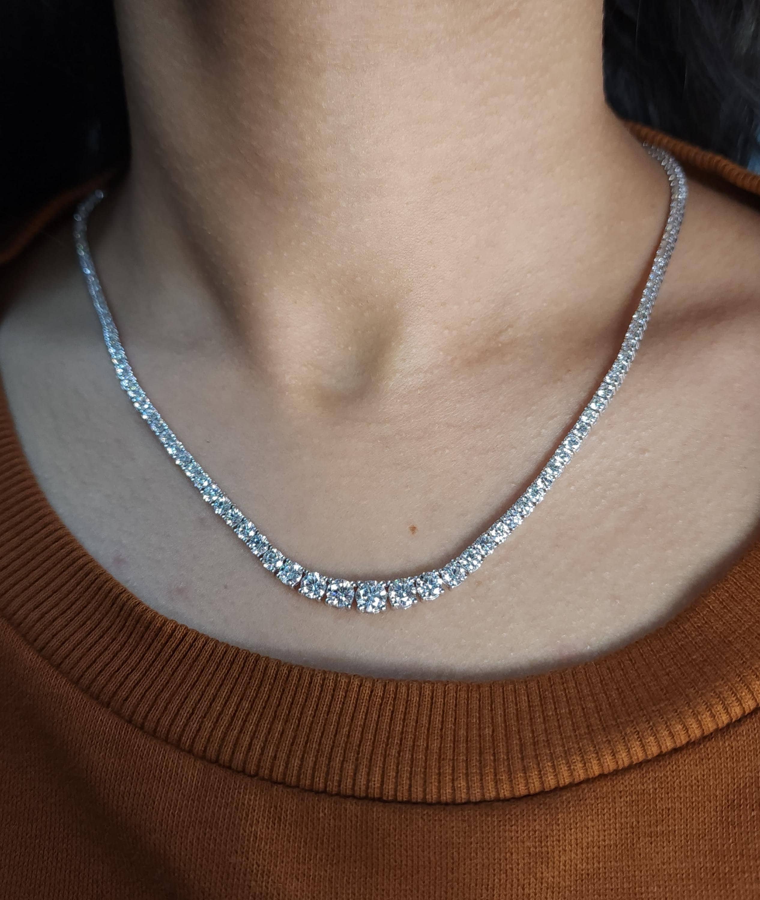 8.34 Ct Diamond Tennis Necklace, 14K Gold 17 Inch Graduated Lab