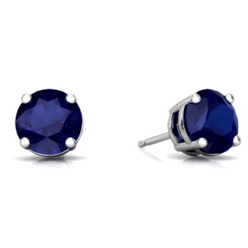 14Kt White Gold Blue Sapphire Round Stud Earrings Dainty Gift Etsy