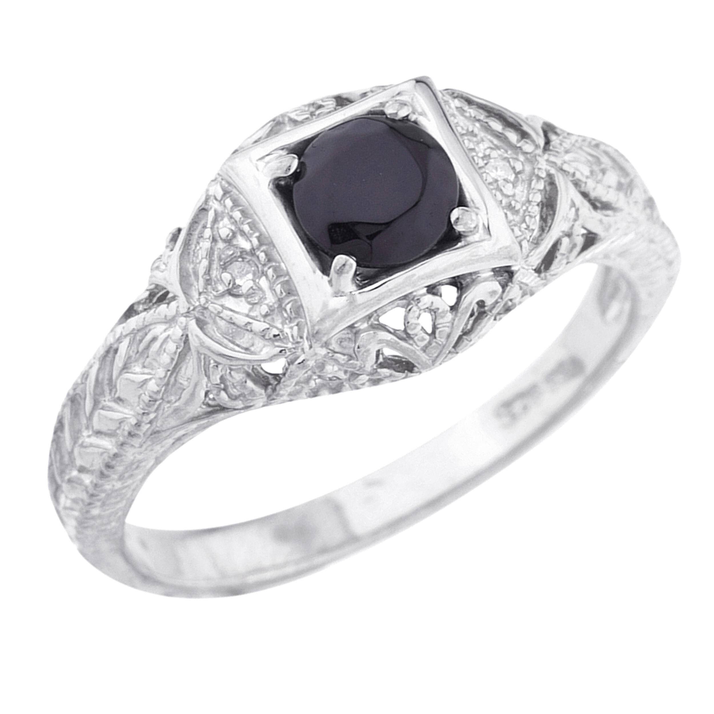 Genuine Black Onyx & Diamond Round Ring .925 Sterling Silver Etsy