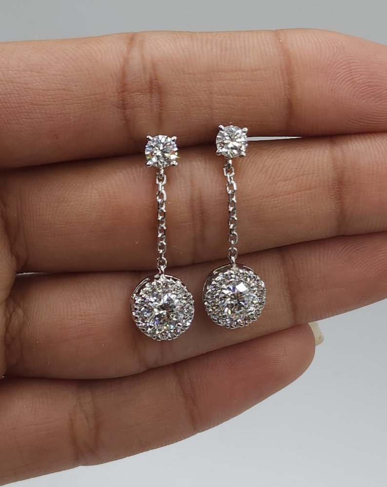 1.96 Ct Diamond Earrings, 14Kt Gold Lab Grown Diamond Earrings, Diamond Halo Dangle Stud Earrings image 3