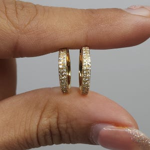 0.20 Ct Diamond Huggie Earrings, 14Kt Solid Gold Huggie Earrings, 2 Row Genuine Natural Diamond Hoop Earrings, 2 earrings (pair)
