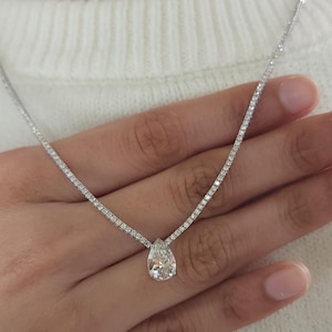 7 Ct Diamond Tennis Necklace, 14K Gold 16 inch Lab Grown Teardrop Diamond Tennis Necklace, Beautiful White Diamonds