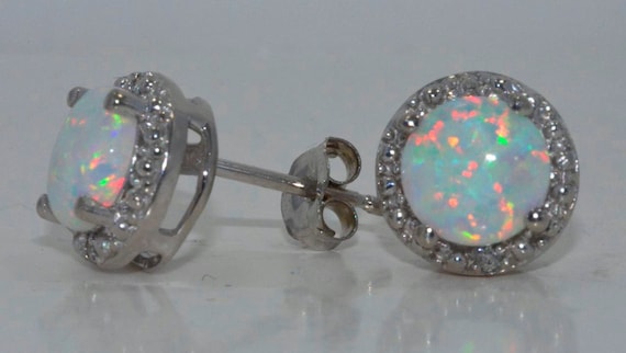 14Kt Gold Opal Earrings, Opal Diamond Earrings, Opal Gold Earrings, Opal Studs, October Birthstone Earrings