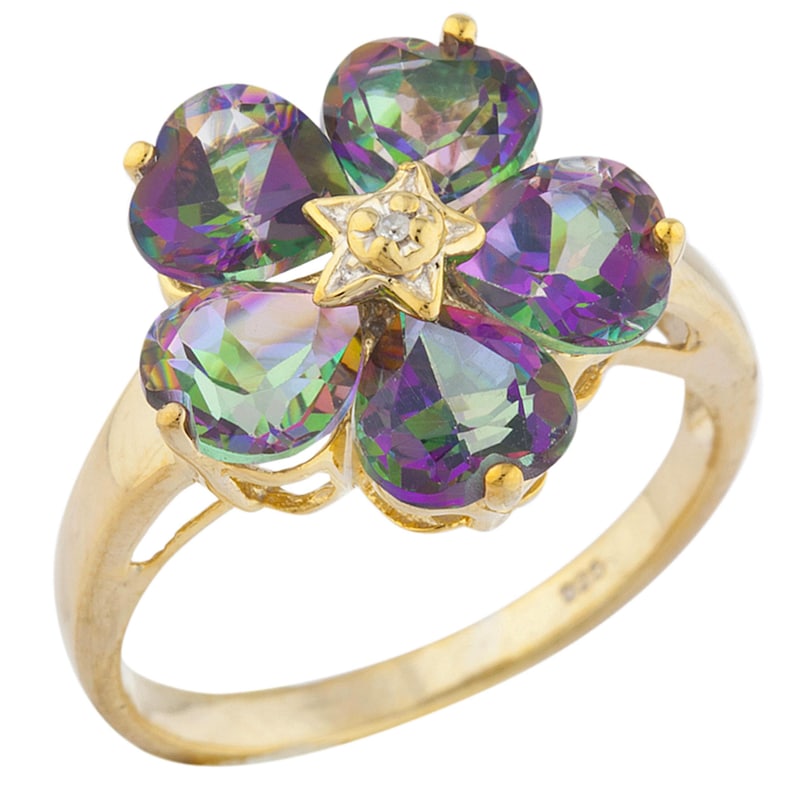 14Kt Yellow Gold Plated 5 Hearts Natural Mystic Topaz /& Diamond Heart Flower Design Ring Gift For Her Jewelry Fashion Trend