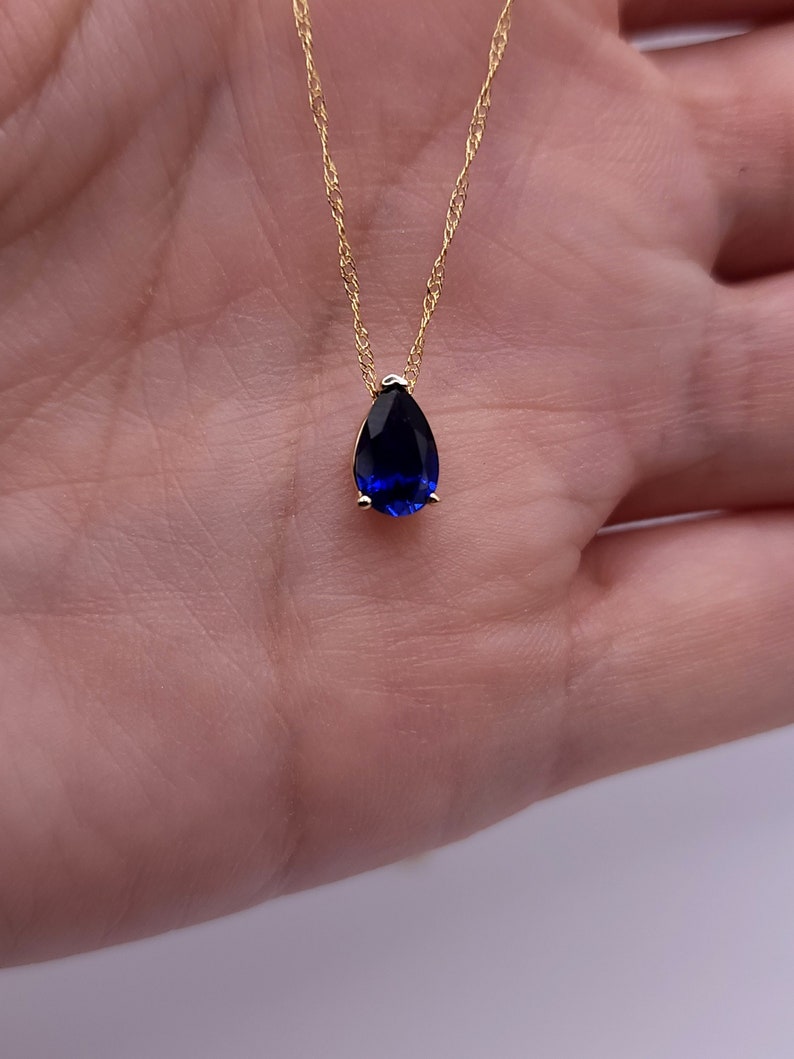 14Kt Gold Blue Sapphire Teardrop Necklace, Sapphire Pendant, September Birthstone Necklace, Sapphire Gold Necklace image 1