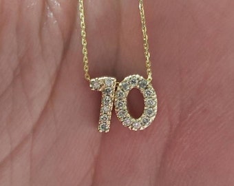 2 Numbers 14Kt Gold Diamond Number Necklace, Number Pendant, Real Natural Diamond Necklace, Solid 14Kt Gold Diamond Necklace