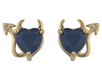 14Kt Gold Genuine Black Onyx & Diamond Devil Heart Stud Earrings