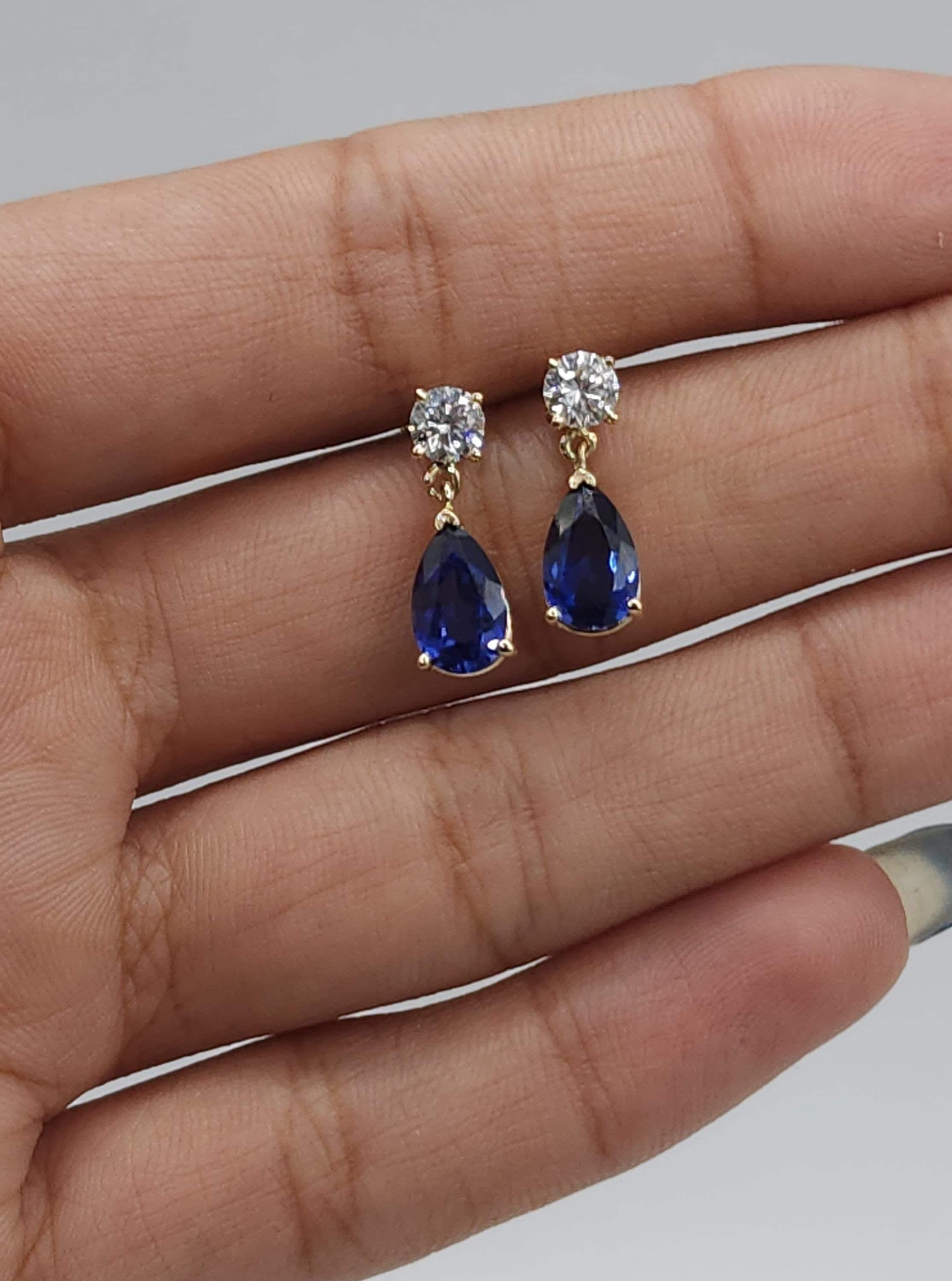 14K Gold Blue Sapphire Earrings, Sapphire Diamond Earrings, Lab Grown Diamond Sapphire Teardrop Stud Earrings, September Birthstone Earrings