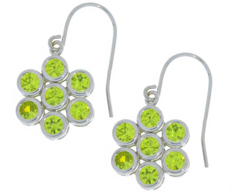 White Gold Peridot Bezel Round Dangle Earrings .925 Sterling Silver Gift For Her Bridesmaid Bridal Wedding Jewelry