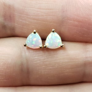 14K Gold Earrings, Opal Gold Earrings, Opal Stud Earrings, Opal Studs, Trillion Earrings, October Birthstone Earrings