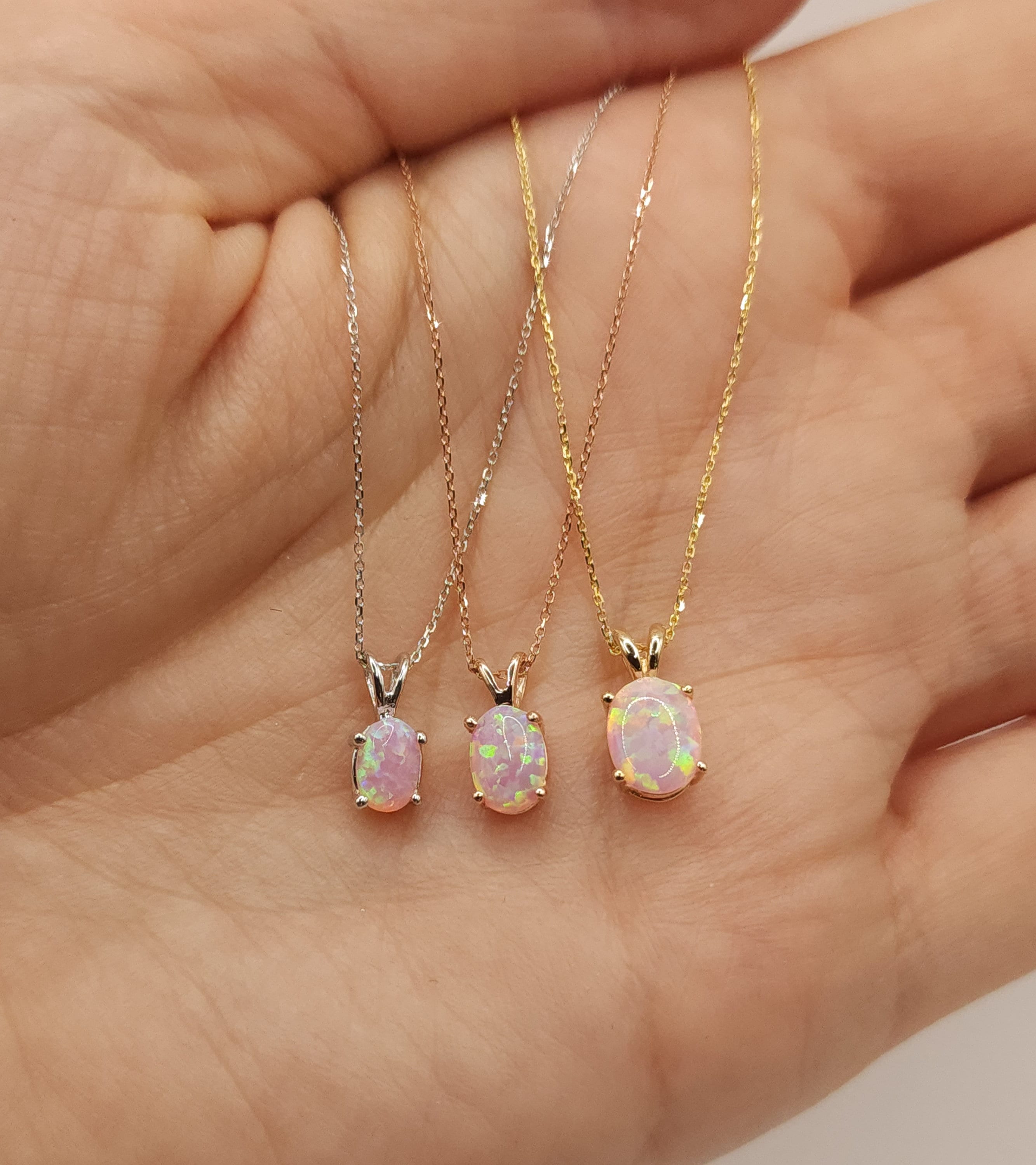14Kt Gold Pink Opal Necklace, Opal Pendant, Oval Necklace, October Birthstone Necklace