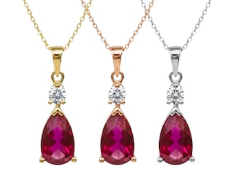 14Kt Gold Ruby Necklace, Ruby Teardrop Necklace, Lab Grown Diamond Ruby Pendant, July Birthstone Necklace, Ruby Gold Necklace