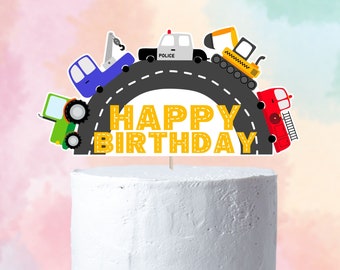 Printable - Transportation Birthday Cake Topper, car, vehicle, police car, fire truck, digger, tractor, birthday party, Instant Download