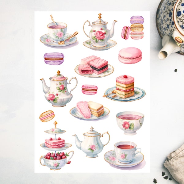 Tea Party sticker sheet, tea stickers, English tea, afternoon tea, foodie, drinks, planner stickers, journal stickers, bujo, scrapbooking