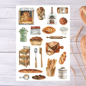 Folha de adesivos de padaria baguete, adesivos de pão fresco, panificação, culinária, padeiro, chef, pastelaria, cozinha, planejador, diário, bujo, scrapbooking