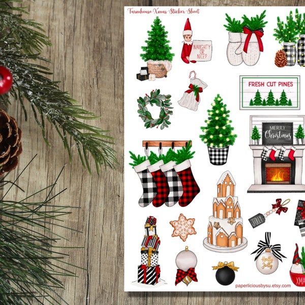 Farmhouse Christmas Sticker Sheet, Christmas stickers, holiday stickers, labels, tags, winter, Planner, Journal, Scrapbooking, Cards