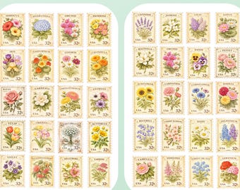 Vintage Floral Stamp Sticker Set, 2 sheets, Flower Stickers, Vintage Stamps, Snail Mail, Happy Mail, PenPal, Planner, Journal, Scrapbooking