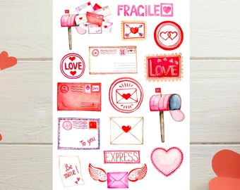 May include: A set of 12 watercolor Valentine's Day stickers featuring mailboxes, envelopes, hearts, and the words "Love", "Express", "To You", "Be Mine", and "Fragile".