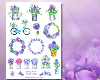 Lila blommiga klistermärkesark, hyacinter, hortensior, blommiga klistermärken, blomsterdekor, vår, Planner, Bullet Journal, scrapbooking, kuvertsigill