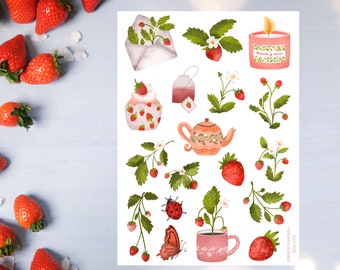 Strawberry Sticker Sheet, cute strawberry stickers, strawberry treats, desserts, plant, berry, cake, fruit, planner, journal, scrapbooking