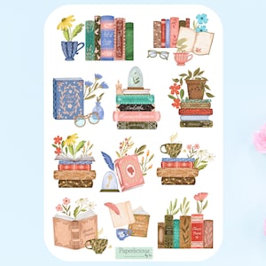 Foglio di adesivi per la lettura di libri, adesivi per libri, adesivi floreali, topo di biblioteca, amante dei libri, amante dei libri, estetico, pianificatore, diario di lettura, scrapbooking