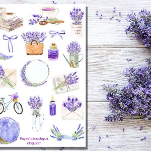 Hoja de pegatinas de lavanda, campo de lavanda, planta, pegatina estética, violeta, floral, flor, naturaleza, planificador, diario, calendario, álbum de recortes
