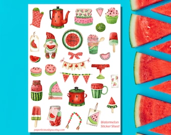 Watercolor Watermelon Sticker Sheet, watermelon stickers, summer stickers, fruit, summer vibe, aesthetic, Planner, Bullet Journal, scrapbook