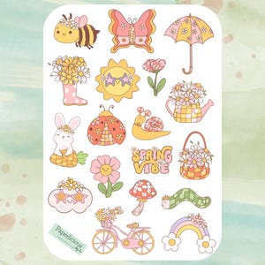 Hoja de calcomanías retro de primavera, calcomanías de primavera geniales, flores lindas, ambiente primaveral, Pascua, conejito, jardinería, planificador, diario, tarjetas, cuaderno