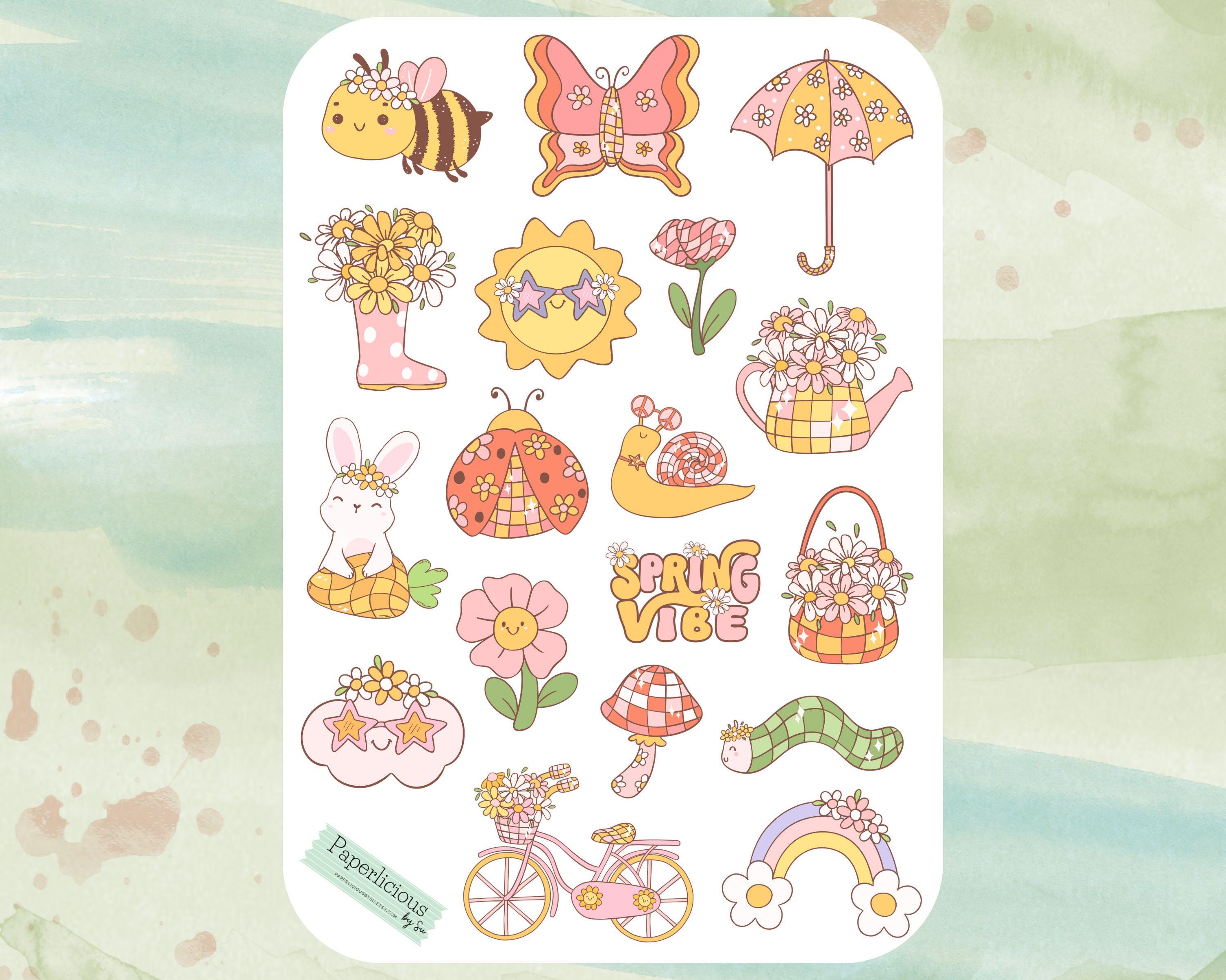 Retro Spring Sticker Sheet, Groovy Spring Stickers, Cute Flowers ...