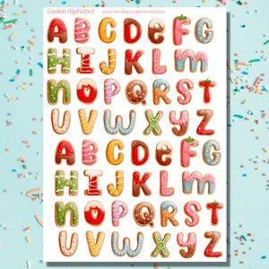Folha de adesivos de alfabeto de biscoito fofo, adesivos de letras de alfabeto fofos, letras fofas, planejador, diário de marcadores, bujo, álbuns de recortes, caderno