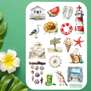 Hoja de pegatinas de verano, vacaciones, playa, tropical, pegatinas de verano, escapada, océano, mar, pegatinas de planificador, bullet journal, scrapbooking