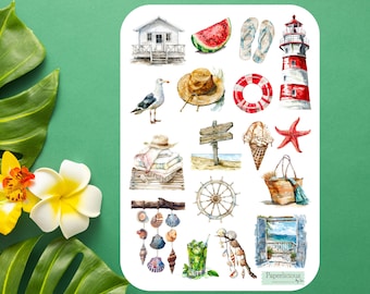 Summer Sticker Sheet, vacation, beach, holiday, tropical, summer sticker, getaway, ocean, sea, planner sticker, bullet journal, scrapbooking