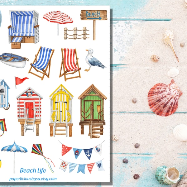Beach Life Sticker Sheet, autocollant d’été, autocollants esthétiques, maison de plage, bateau, surf, vacances, planificateur, bullet journal, bujo, scrapbook