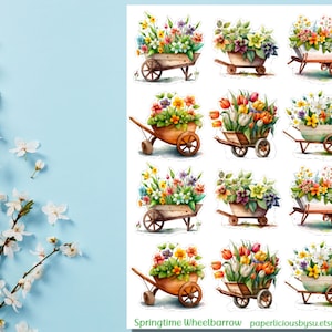 Feuille d'autocollants de fleurs de printemps, autocollants de plantes à l'aquarelle, bouquet, brouette, jardin, autocollants esthétiques, agenda, journal, bujo, album de coupures