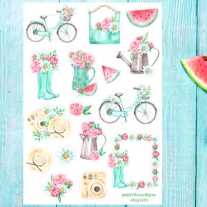 Bloemen zomer stickervel, zomerstickers, bloemenstickers, zomer, vakantie, lente, bloem, fiets, planner, pastel, dagboek, plakboek