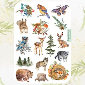 Feuille d'autocollants animaux de la forêt, autocollants de la forêt, animaux des bois, nature, ours, renard, hibou, cerf, agenda, journal, calendrier, bujo, scrapbooking