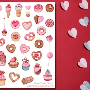 Folha de adesivos de sobremesa do dia dos namorados, folha de adesivos do dia dos namorados, guloseimas, doces, biscoito, bolo, chocolate, Planner, Bullet Journal, Bujo