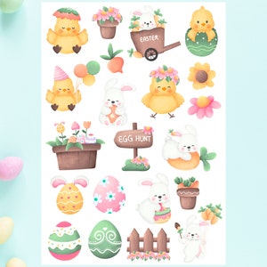 Linda hoja de pegatinas de Pascua, pegatinas de Pascua, Felices Pascuas, acuarela, conejito, pollito, huevos, primavera, Planificador, Bullet Journal, Scrapbooking