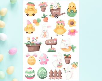 Niedlicher Oster Stickerbogen, Oster Sticker, Frohe Ostern, Aquarell, Hase, Küken, Eier, Frühling, für Planer, Bullet Journal, Scrapbooking