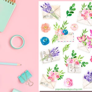 Feuille d’autocollants d’enveloppe florale, autocollants de courrier d’escargot, courrier heureux, correspondant, autocollants de fleurs, autocollants de planificateur, kit de journalisation, album, bujo