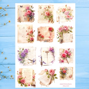 Hoja de pegatinas de cartas manuscritas vintage, cartas florales, correo floral, correo postal, correo feliz, amigo por correspondencia, planificador, diario, álbum de recortes, tarjeta