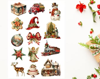 Vintage Christmas Decor Sticker Sheet, Vintage Christmas sticker sheet, holiday stickers, xmas, Planner, Bullet Journal, Bujo, scrapbooking