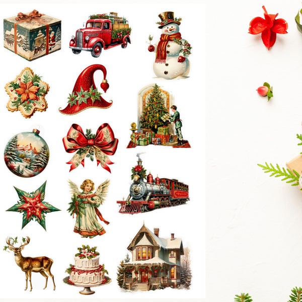 Vintage Christmas Decor Sticker Sheet, Vintage Christmas sticker sheet, holiday stickers, xmas, Planner, Bullet Journal, Bujo, scrapbooking
