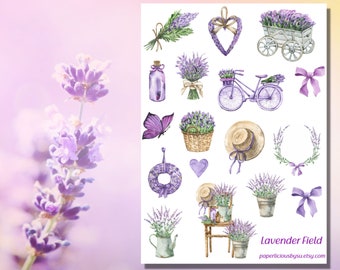 Lavender Sticker Sheet, purple, lavender field, plant, aesthetic sticker, plant, floral, flower, nature, planner, journal, calendar, bujo