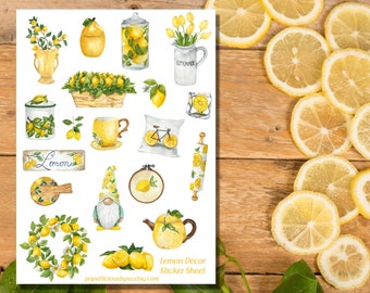 Watercolor Lemon Decor Sticker Sheet, lemon stickers, lemonade stickers, aesthetic stickers, Planner, Bullet Journal, scrapbook
